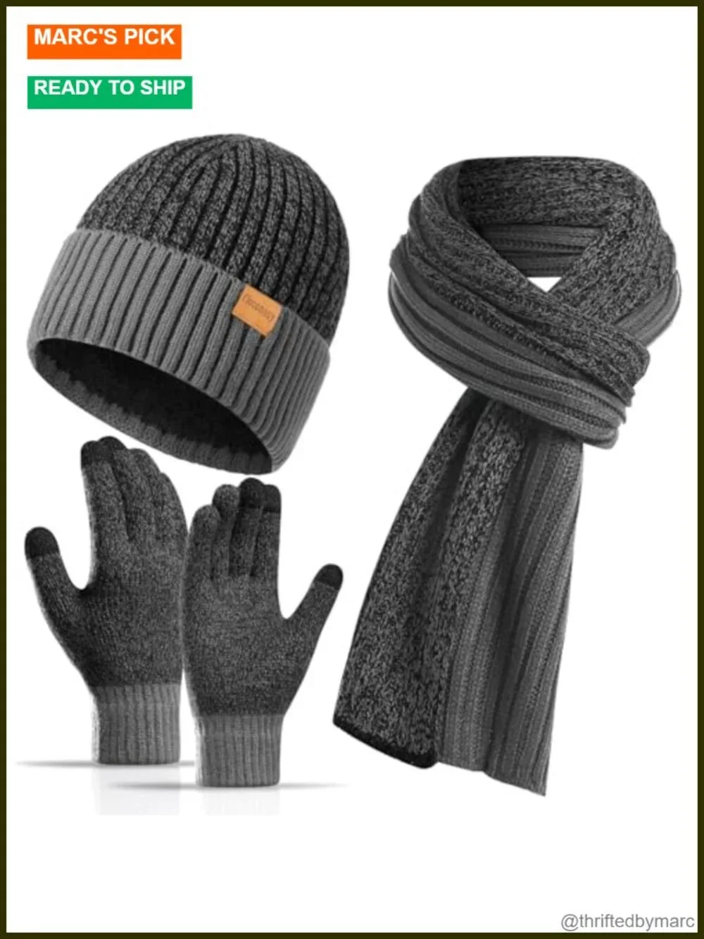 Men's 3 Piece Winter Set Knit Beanie Scarf Touchscreen Gloves Fleece Lined